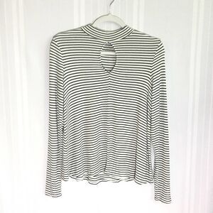 SO Striped Long Sleeve Mock Neck Top White Black Small Keyhole Rayon Junior's